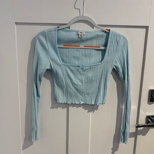 BDG Light Blue Ribbed Square-Neck Long-Sleeve Crop Top with Front Bow